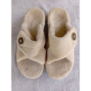 Vionic Light Beige Relax Indulge Terry Cloth Slippers Hook & Loop Adjust Size 8